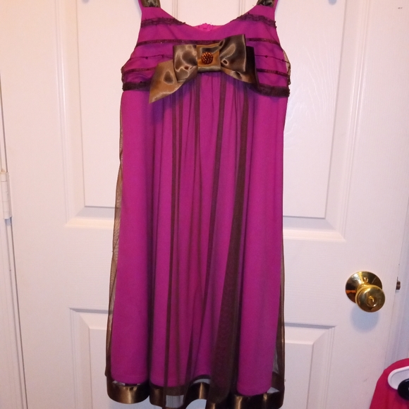 Bonnie Jean Brown Lace and Magenta Dress Satin/Beaded Bow Girls Size 12 - Picture 3 of 3